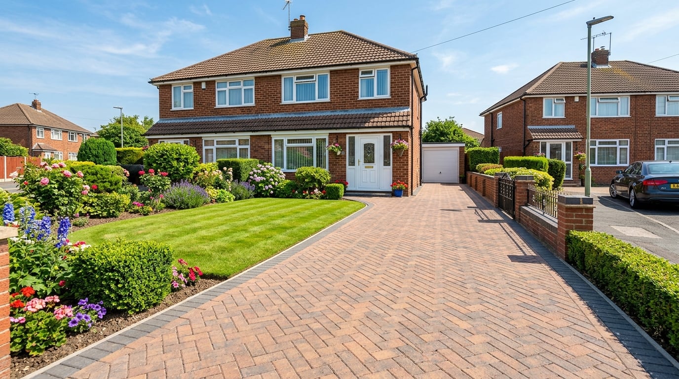 Freshly cleaned block paving driveway in front of a UK home