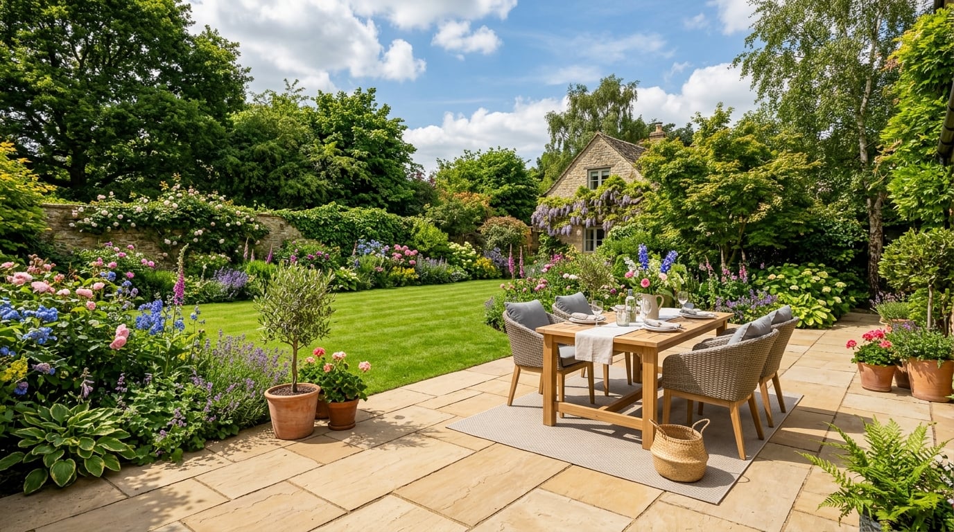 Clean sandstone patio with garden furniture in a UK back garden